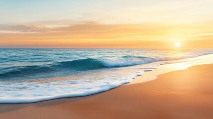 A tranquil beach at sunrise with soft waves gently caressing the shore, under a pastel-colored sky that reflects in the water, creating a serene and peaceful ambiance.