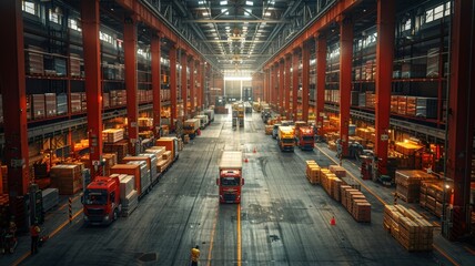 Fototapeta premium A wide-angle view of a distribution center with multiple loading bays, trucks being loaded and unloaded