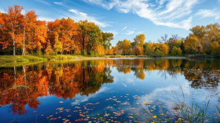 Obraz premium Tranquil lake reflects colorful autumn trees in the countryside