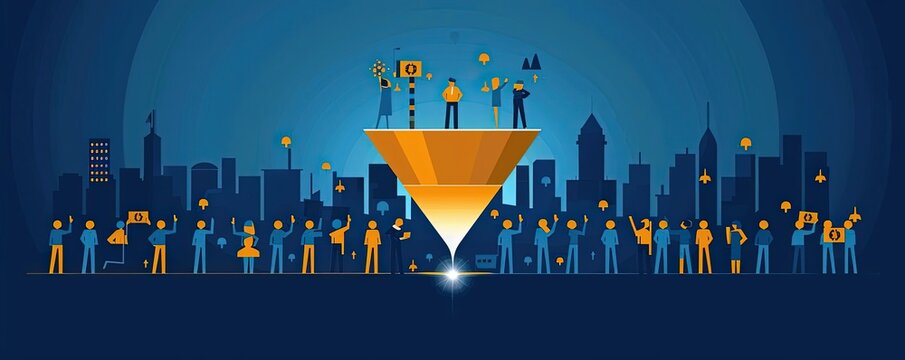 Lead generation, funnel with target audience, flat design illustration
