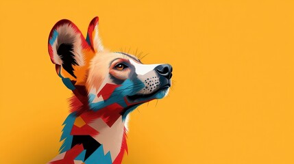 A vibrant digital illustration of a wild dog featuring a bright, abstract color pattern on a yellow background, showcasing creative and vivid visual artistry.