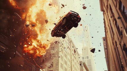 A thrilling action scene of a car explosively flying through the air amidst a fiery explosion in a bustling city street, embodying chaos and excitement.