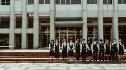 A group of schoolchildren stands in uniformed rows in front of an impressive white building, emphasizing academic regimentation.