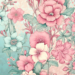 A seamless vintage floral pattern with delicate pink and green flowers on a soft, beige background. The design is elegant, with a touch of rustic charm and a watercolor effect