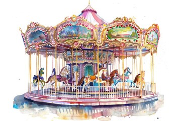 A watercolor illustration of a carousel with horses on a white background. Children's Book Illustration