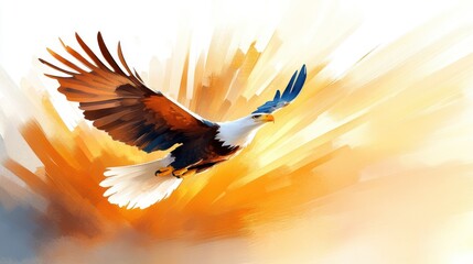 A majestic eagle spreads its wings as it soars through a dynamic, impressionistic background filled with vivid, sunlit hues, representing strength and freedom in nature.