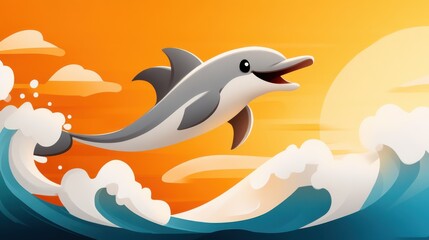 Colorful cartoon dolphin in a joyous leap above the surf, enveloped by the warm hues of a sunset sky, symbolizing playful freedom and the marvel of sea life.