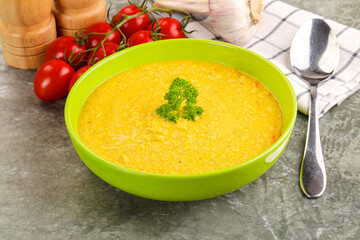 Vegetarian corn cream soup served parsley
