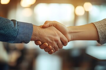 A close-up shot of two hands shaking, symbolizing a successful business deal, partnership, or collaboration. The warm lighting and blurred background create a sense of intimacy