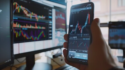Fototapeta premium A person holding a smartphone displaying stock market charts, with multiple monitors in the background showing various financial graphs and data.