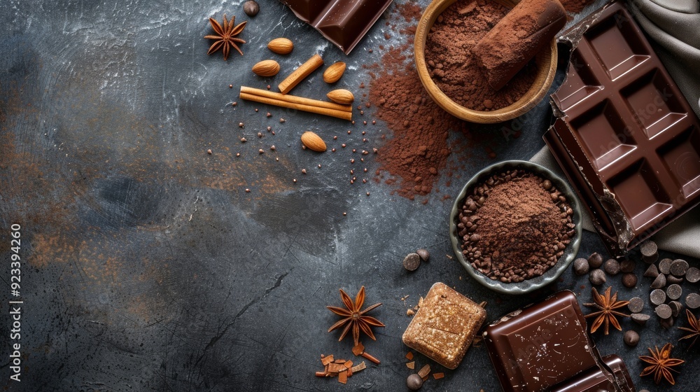 Poster overhead view of chocolate and spices arranged on a dark background