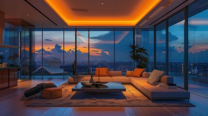 Fototapeta premium Modern Living Room with Cityscape View