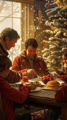 A cheerful family enjoys breakfast together by the festive tree on a snowy morning