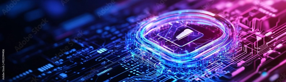 Poster futuristic technology background featuring a glowing circuit and processor design, ideal for digital