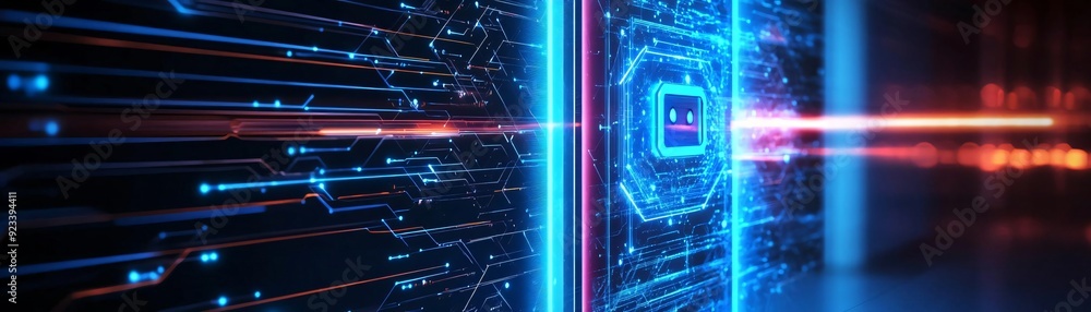 Aufkleber futuristic technology concept featuring glowing circuits and data streams, ideal for digital innovat