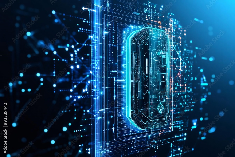 Poster futuristic technology concept showcasing digital lock with glowing circuitry and data streams repres