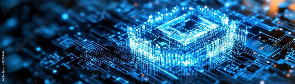 Poster illustration of a futuristic microchip design with glowing blue circuit patterns, representing advan