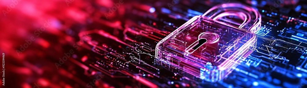 Poster visual representation of digital security with a glowing padlock and vibrant colors, emphasizing dat