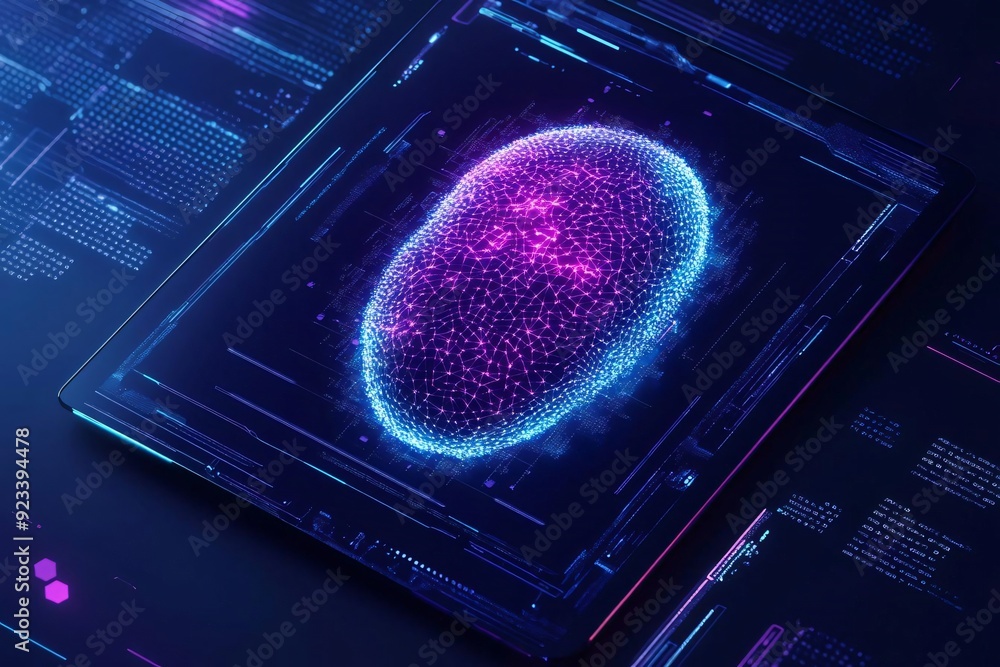 Poster vibrant digital fingerprint on a futuristic interface, representing technology and security in a hig
