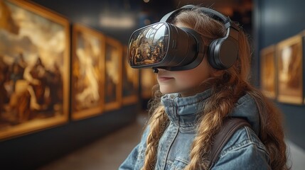A child with long hair enjoys an immersive virtual reality experience while exploring an art gallery surrounded by beautiful paintings.