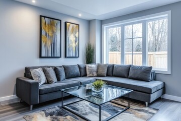 High-resolution photograph of a modern living room with a sleek sectional sofa, glass coffee table, and abstract art on the wall. Ensure good lighting and a clean, minimalistic design. 