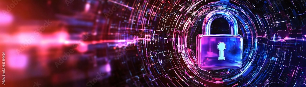Poster a digital lock symbolizing cybersecurity, surrounded by vibrant light trails representing data prote