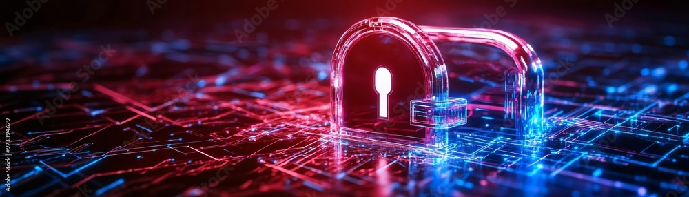 Poster a digital lock on a neon background, symbolizing cybersecurity and data protection in a high-tech en