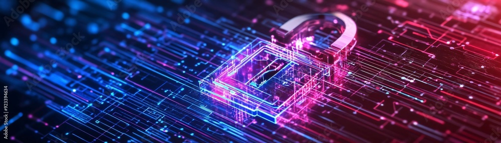 Poster a digital lock surrounded by vibrant data streams, representing cybersecurity and modern technology 