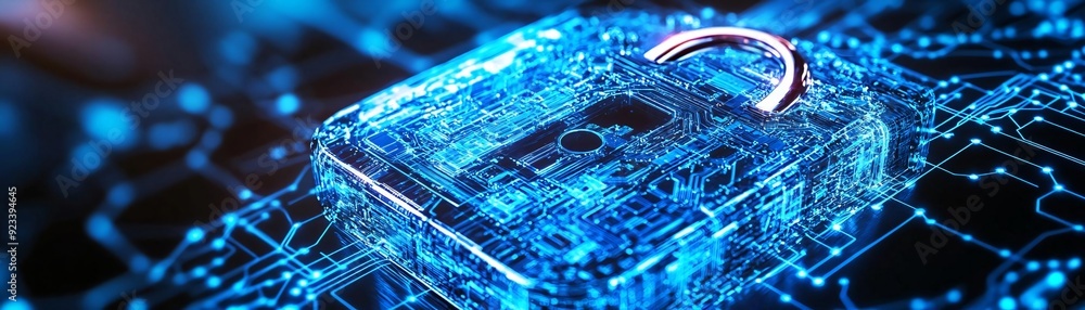Poster a digital lock symbolizing cybersecurity and data protection in a high-tech environment, representin