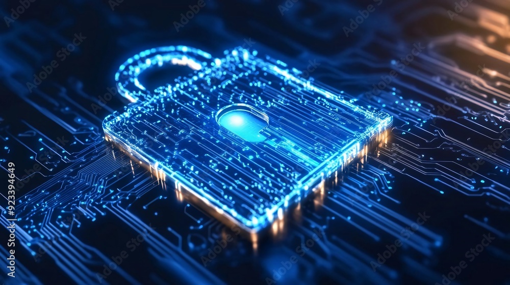 Poster a digital padlock symbolizing cyber security, set against a high-tech circuitry background, represen