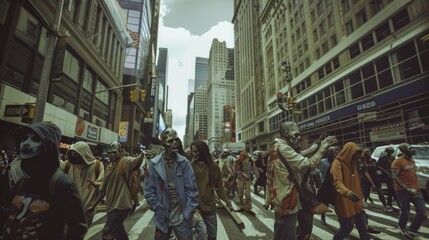 Zombies walk the streets of an urban city, creating a surreal apocalyptic scene amid towering buildings and bustling architecture.