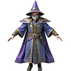 Obraz premium 3D Model Regal Elder Wizard in Ornate Blue and Gold Robes, His long gray beard, elaborate hat. A Majestic Halloween Character Exuding Mystical Authority