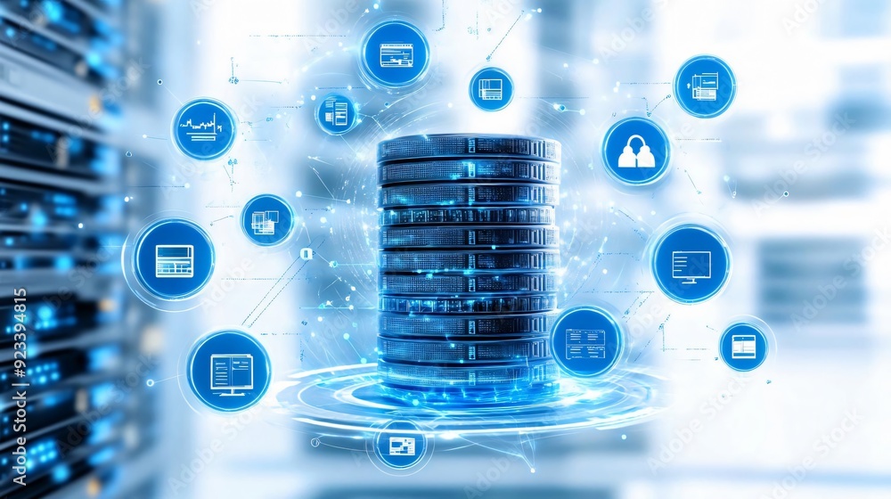 Aufkleber a futuristic data center with stacked servers and digital icons representing database technology and