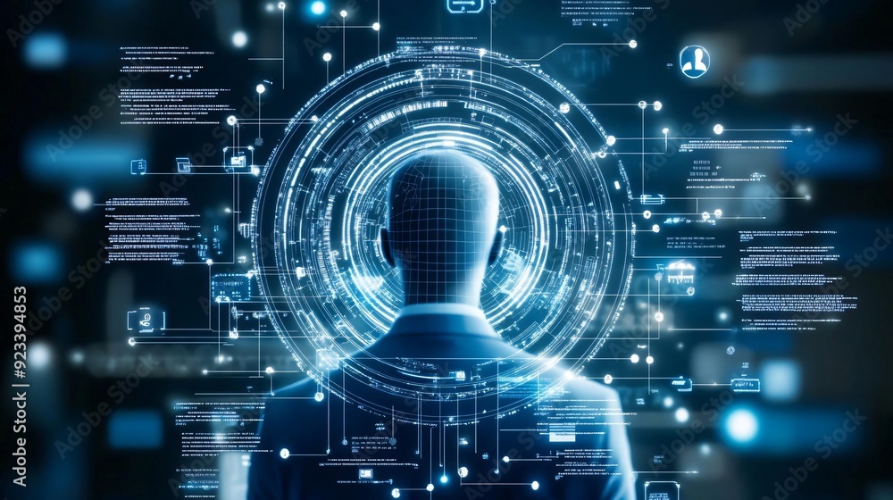 Poster a futuristic figure stands in front of a digital interface, exploring advanced technology and data v