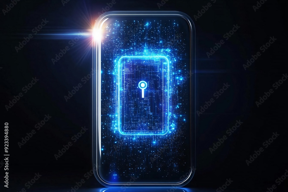 Poster a futuristic digital lock symbol on a glowing smartphone display, representing security and technolo