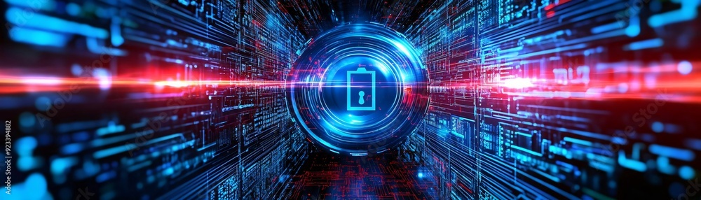 Poster a futuristic digital tunnel with glowing blue lines and a secure lock symbol, representing advanced 