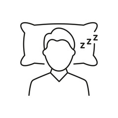 Man Sleeping On Pillow Line Icon Indicating Sleep Hygiene And Bedtime Routine. Health And Rest Symbol. Isolated Vector Illustration