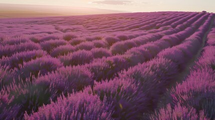 Obraz premium Endless rows of vibrant lavender stretch into the horizon as a soft, golden sunset illuminates the serene landscape with a warm glow.