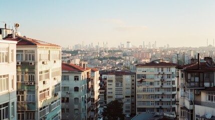 Naklejka premium A sprawling cityscape at dusk with densely packed apartment buildings, offering a view of the skyline and architectural diversity under a soft evening light.