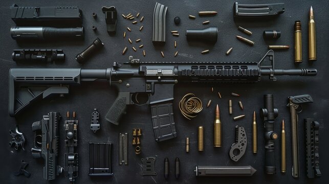 A mesmerizing array of dismantled firearms and ammunition meticulously arranged on a dark surface.