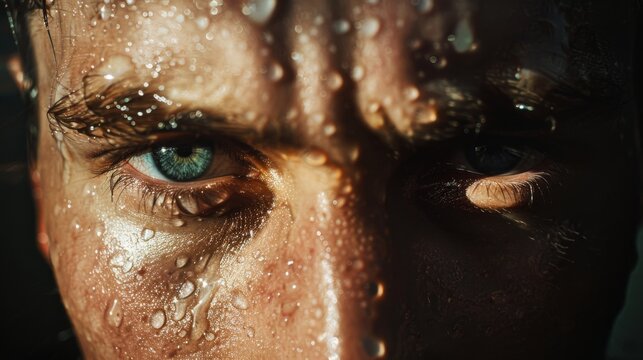 A piercing gaze captured in extreme close-up, showing intense blue eyes and sweat-drenched skin, evoking determination and raw emotion.