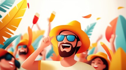 A joyous summer festival where a bearded man wearing yellow sunglasses and a hat celebrates with a lively crowd amidst colorful decorations and tropical leaves.