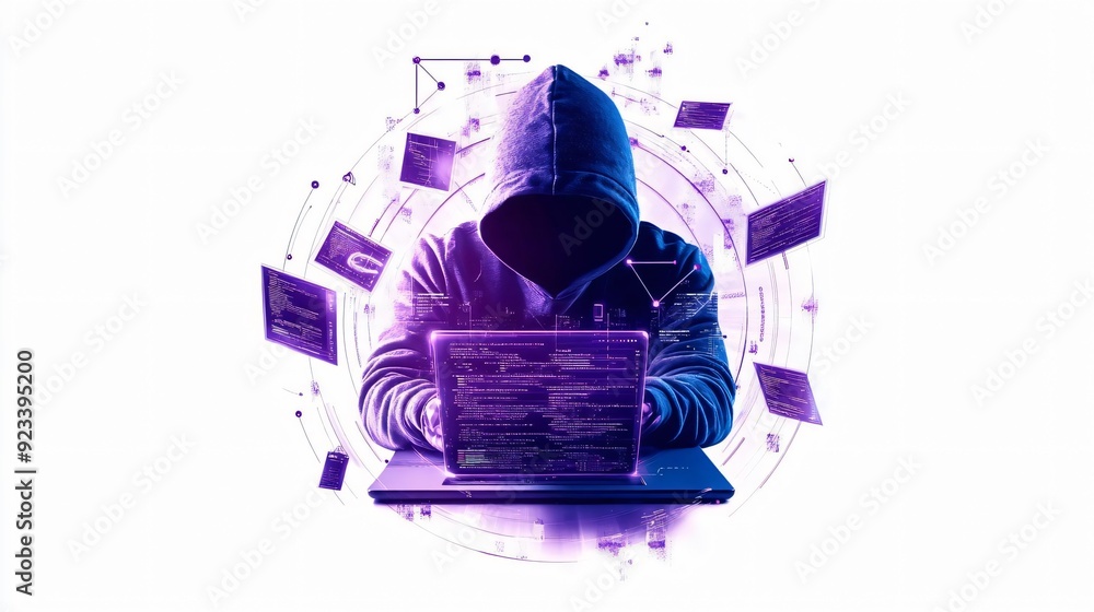 Poster a mysterious figure in a hoodie operates a laptop, surrounded by digital elements representing cyber