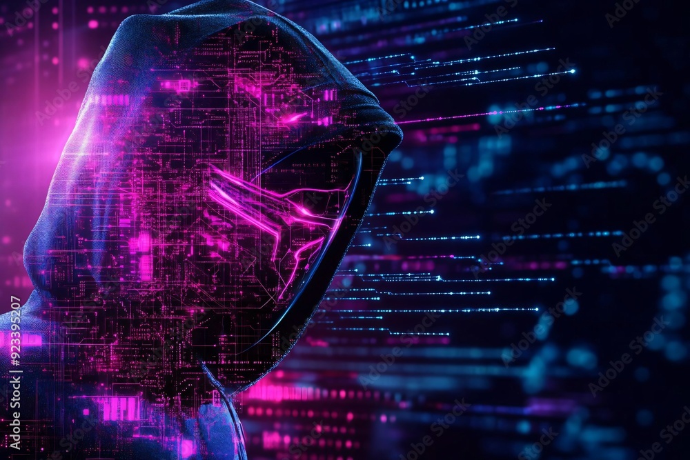 Poster a mysterious figure in a hoodie illuminated by vibrant digital patterns, representing themes of hack