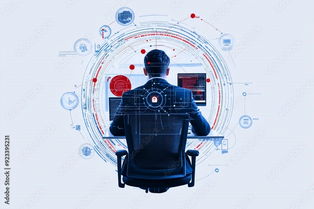 Poster a professional analyzing data on computer screens, surrounded by digital graphics, symbolizing cyber