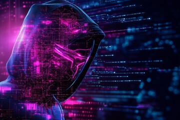 A mysterious figure in a hoodie illuminated by vibrant digital patterns, representing themes of hacking and technology in the cyber world.