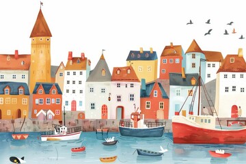 Fototapeta premium Colorful illustration of a harbor town with boats and birds. Children's Book Illustration