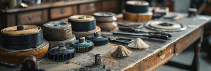 Antique shoe cleaning wheels mounted on a belt-driven spindle featuring various shoe polishing and cleaning choices.