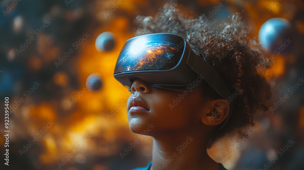 Poster a child explores a virtual universe while wearing vr glasses, immersed in colorful and dynamic surro
