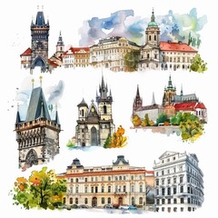 Fototapeta premium Historic buildings and landmarks in detailed watercolor
